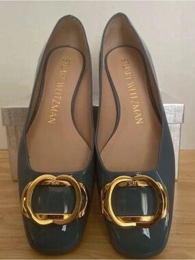 Stuart Weitzman Gray Patent Leather Flats with Gold Buckle